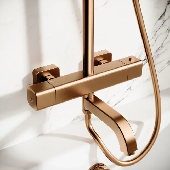 Kinsale Brushed Copper Square Thermostatic Bath Filler Shower Set