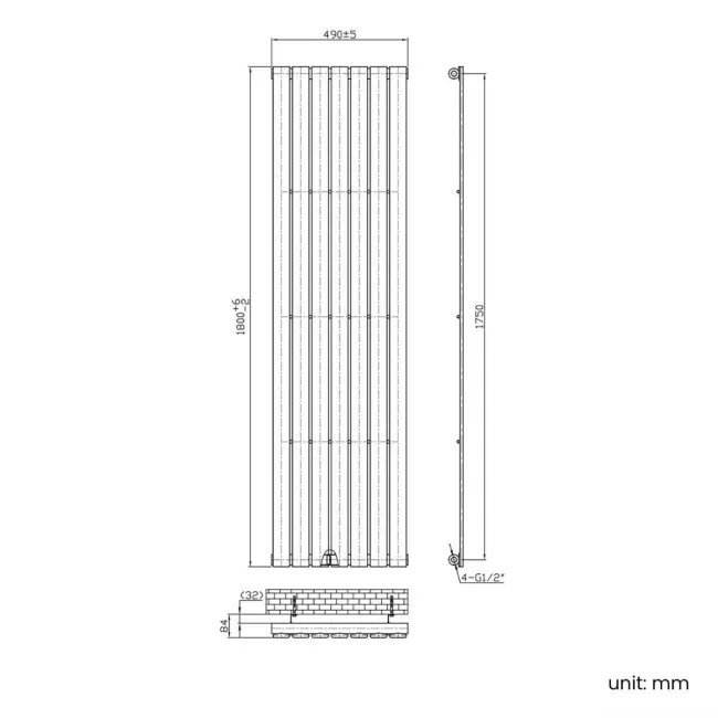 Faro Chrome Single Flat Panel Vertical Radiator 1800x490mm