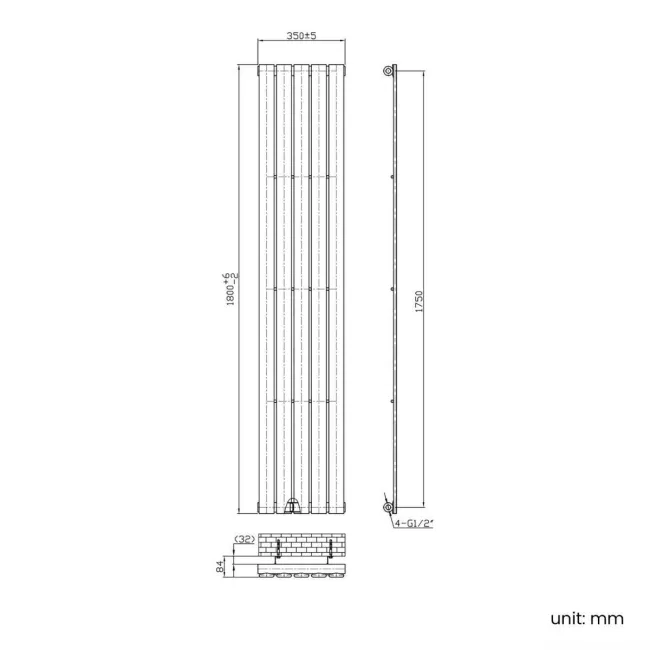 Faro Anthracite Single Flat Panel Vertical Radiator 1800x350mm