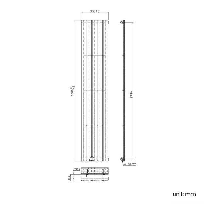 Faro Matt Black Single Flat Panel Vertical Radiator 1800x350mm