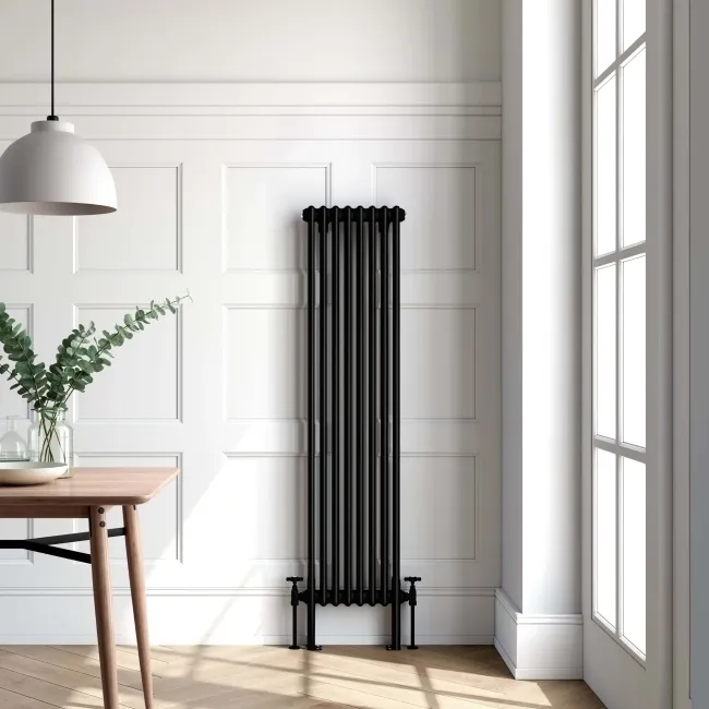 Athens Matt Black Double Column Vertical Traditional Radiator 1500x380mm