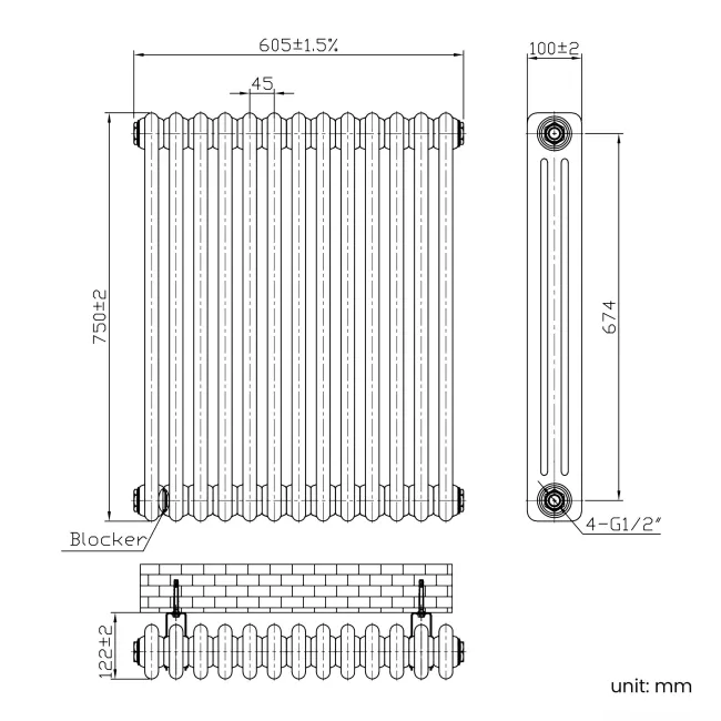 Athens Matt Black Triple Column Horizontal Traditional Radiator 750x605mm