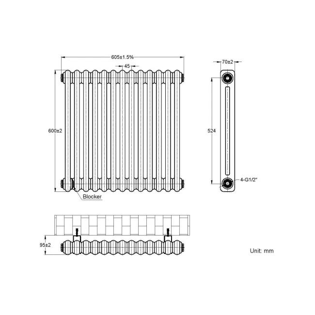 Athens Matt Black Double Column Horizontal Traditional Radiator 600x605mm