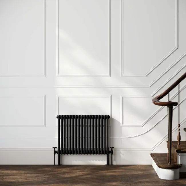 Athens Matt Black Double Column Horizontal Traditional Radiator 600x785mm