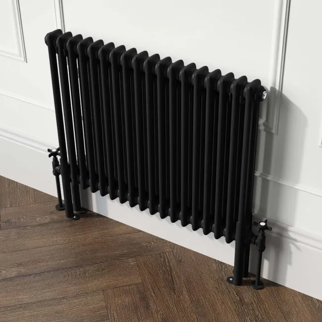 Athens Matt Black Double Column Horizontal Traditional Radiator 600x785mm
