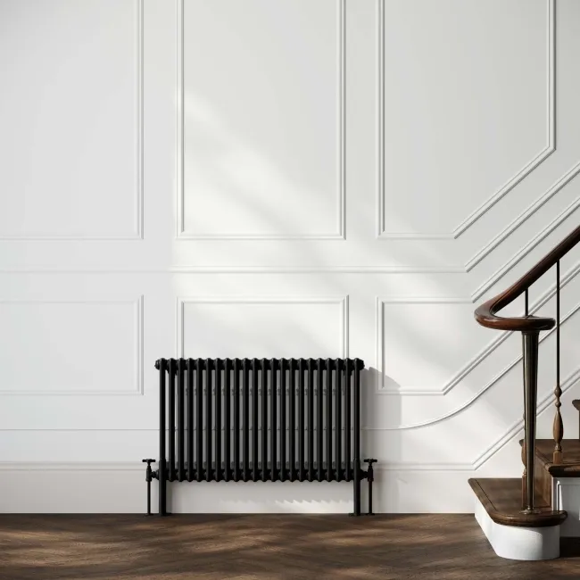 Athens Matt Black Double Column Horizontal Traditional Radiator 600x1010mm