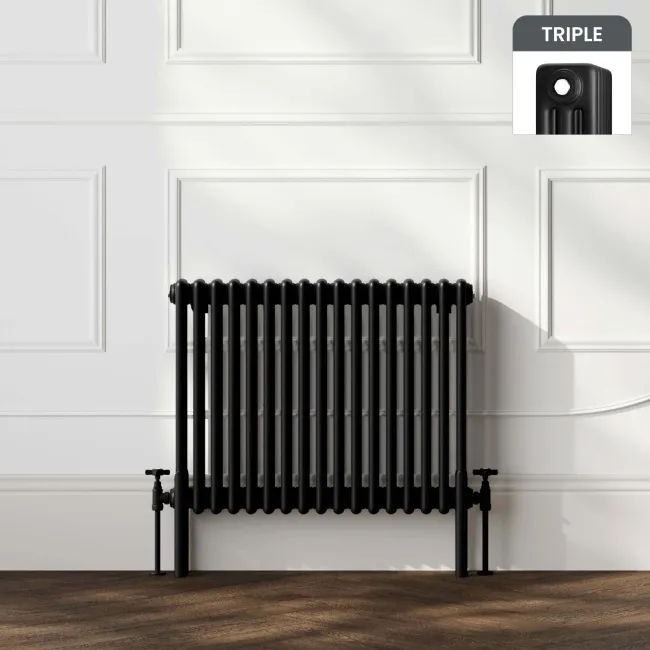 Athens Matt Black Triple Column Horizontal Traditional Radiator 600x785mm
