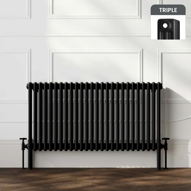 Athens Matt Black Triple Column Horizontal Traditional Radiator 600x1190mm