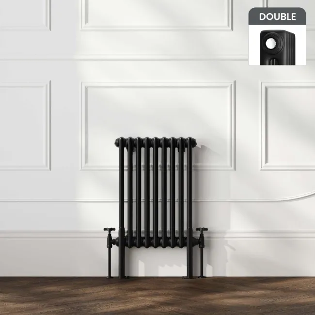 Athens Matt Black Double Column Horizontal Traditional Radiator 600x425mm