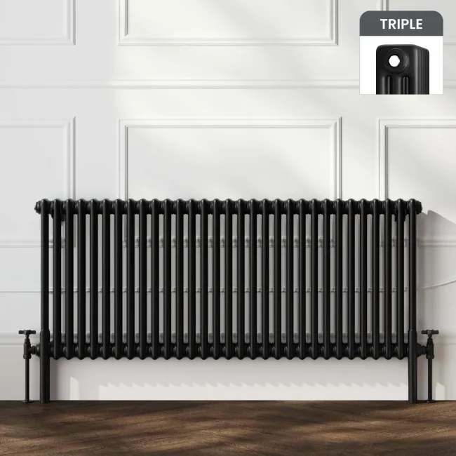 Athens Matt Black Triple Column Horizontal Traditional Radiator 600x1415mm