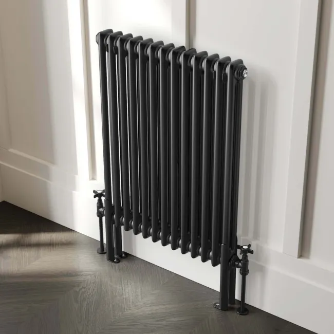 Athens Matt Black Double Column Horizontal Traditional Radiator 750x605mm