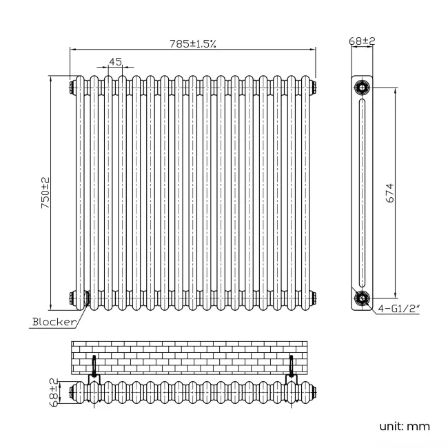 Athens Matt Black Double Column Horizontal Traditional Radiator 750x785mm