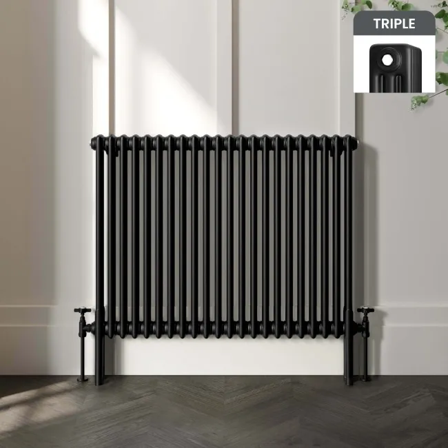 Athens Matt Black Triple Column Horizontal Traditional Radiator 750x1010mm