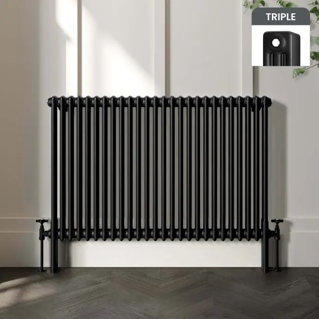 Athens Matt Black Triple Column Horizontal Traditional Radiator 750x1190mm