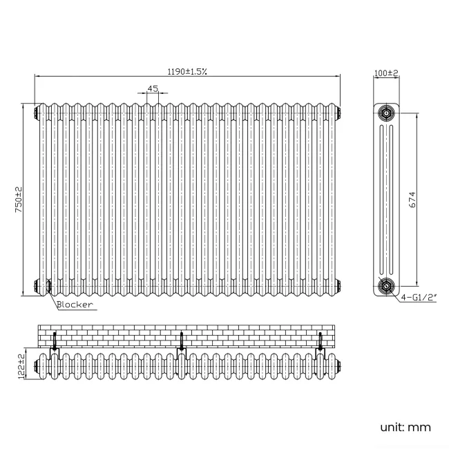 Athens Matt Black Triple Column Horizontal Traditional Radiator 750x1190mm