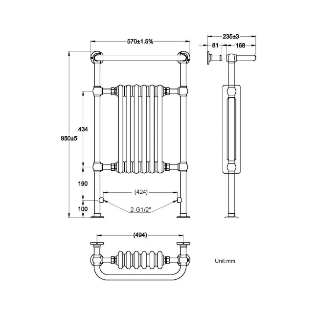 Gibraltar Medium White Traditional Heated Towel Radiator (With Overhanging Rail)