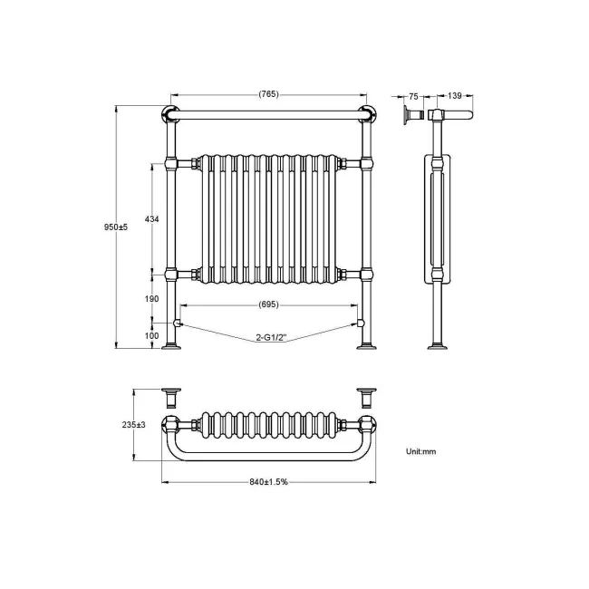 Gibraltar Extra Large White Traditional Heated Towel Radiator (With Overhanging Rail)