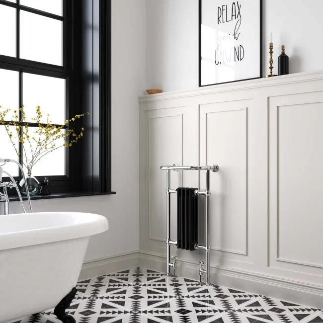 Gibraltar Small Black Traditional Heated Towel Radiator (With Overhanging Rail)