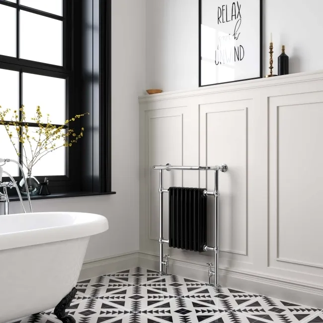 Gibraltar Large Black Traditional Heated Towel Radiator (With Overhanging Rail)