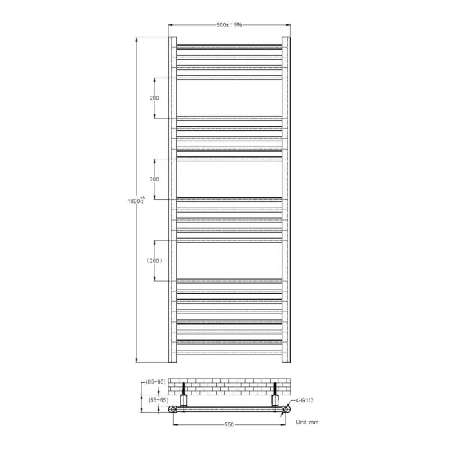 Barcelona Chrome Straight Heated Towel Rail 1600x600mm