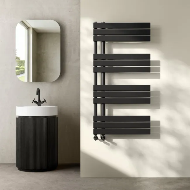 Seville Matt Black Designer Flat Panel Heated Towel Rail 1200x600mm