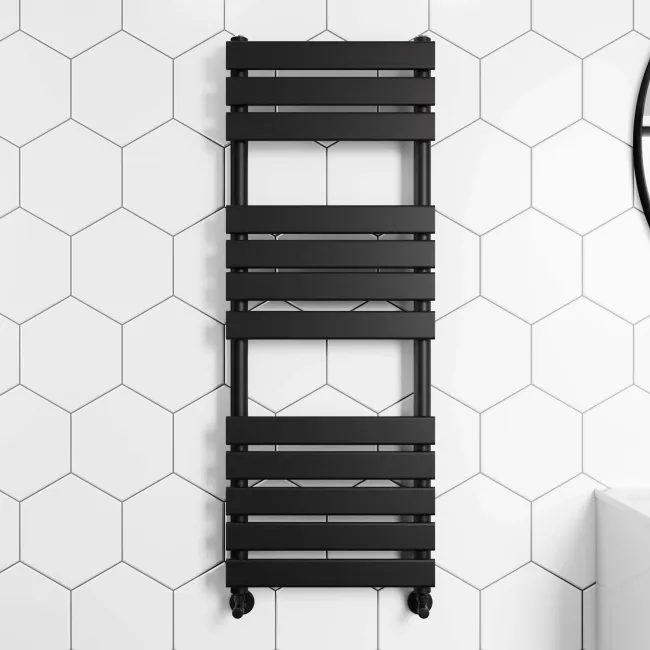 Santorini Matt Black Flat Panel Heated Towel Rail 1200x450mm