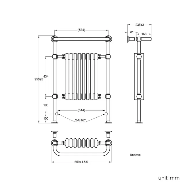 Gibraltar Large Brushed Brass Traditional Heated Towel Radiator (With Overhanging Rail)