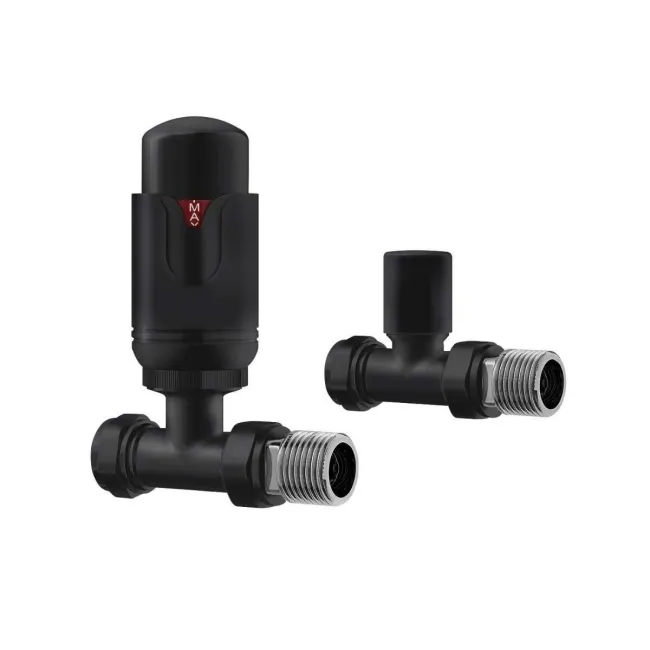 Matt Black Thermostatic Straight Radiator Valve (Pair) Standard 15mm