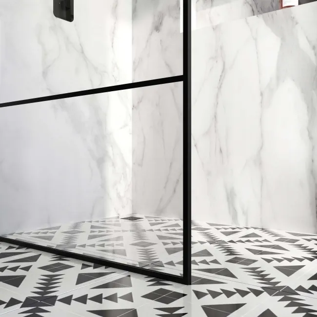 Munich Matt Black Grid Easy Clean 8mm Wet Room Shower Glass Panel 1100mm