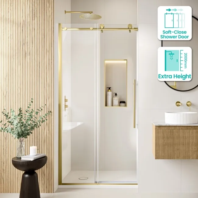 Prague Brushed Brass 8mm Soft-Closing Sliding Shower Door 1100mm