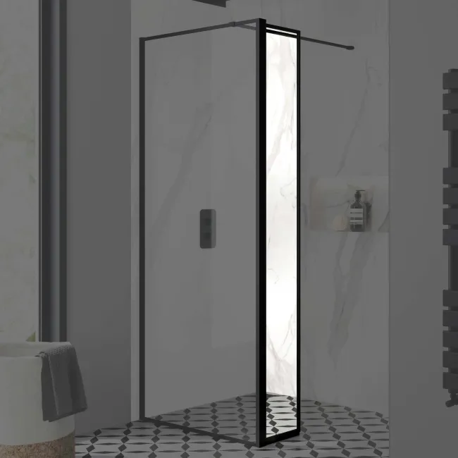 Munich Matt Black Framed Easy Clean 8mm Pivotal Wet Room Shower Glass Return Panel 250mm