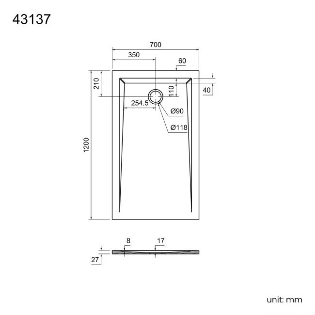 Sydney Low Profile Rectangular Gloss White Stone Shower Tray 1200x700mm