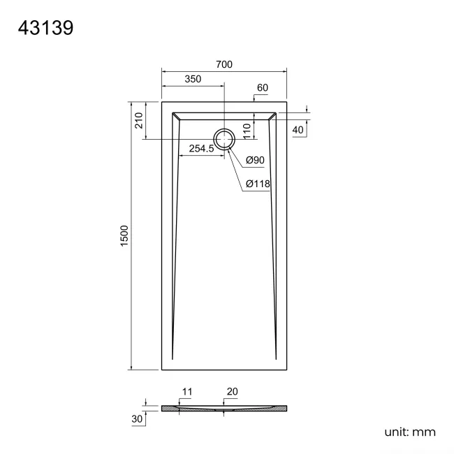 Sydney Low Profile Rectangular Gloss White Stone Shower Tray 1500x700mm