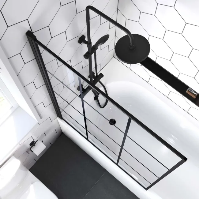 Zurich Easy Clean Matt Black Grid Bath Screen - 1000mm