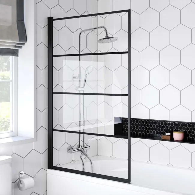 Zurich Easy Clean Matt Black Grid Bath Screen - 800mm