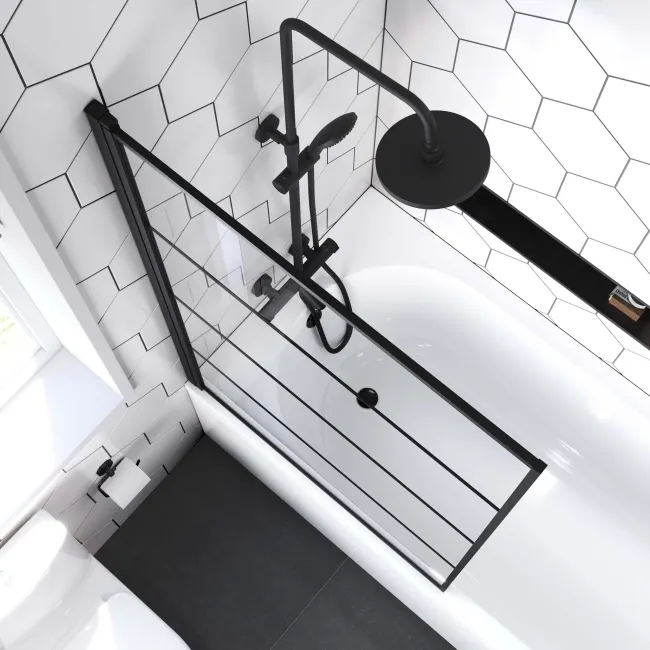 Zurich Easy Clean Matt Black Grid Bath Screen - 800mm