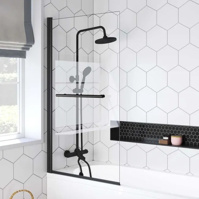 Venice 4mm Matt Black Bath Screen with Towel Rail - 800mm