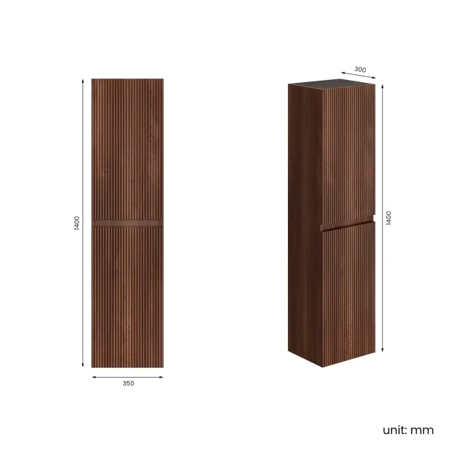 Malta Fluted Black Walnut Wall Hung Tall Cabinet 1400x350mm