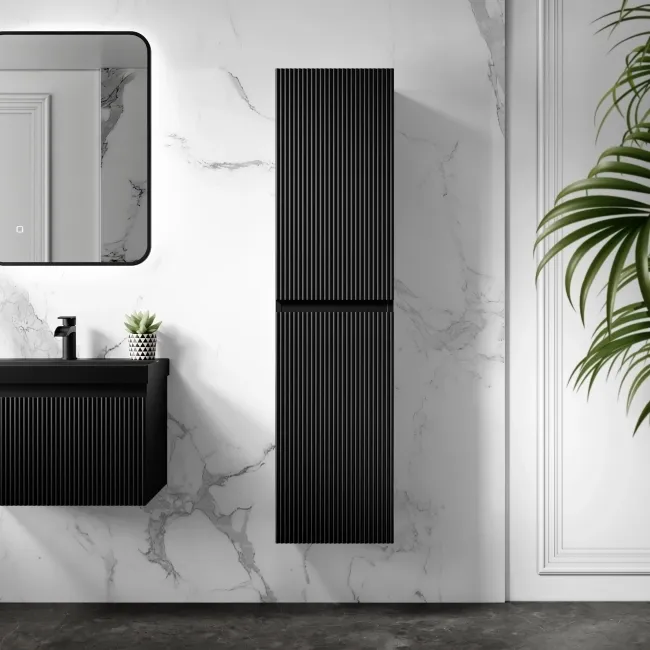Malta Fluted Matt Black Wall Hung Tall Cabinet 1400x350mm