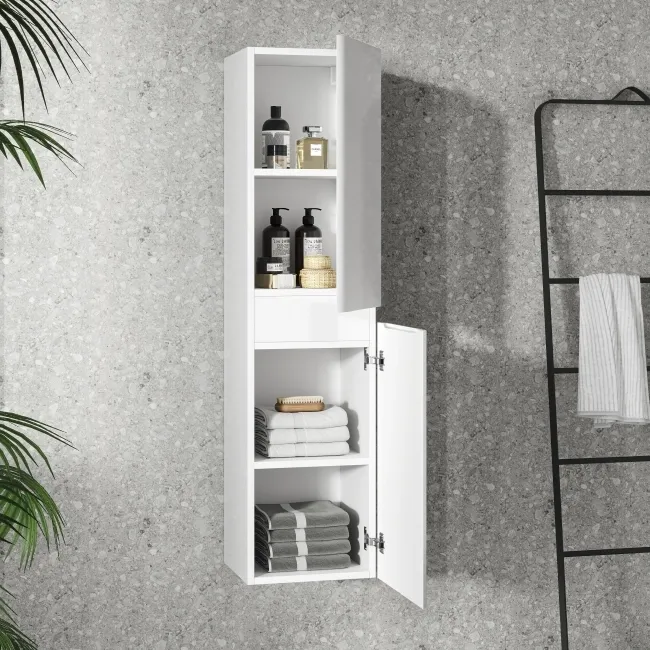 Corsica & Bali Gloss White Wall Hung Tall Cabinet 1400x350mm