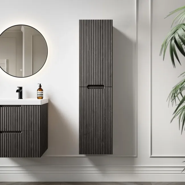 Crete Fluted Charcoal Elm Wall Hung Tall Cabinet 1400x350mm