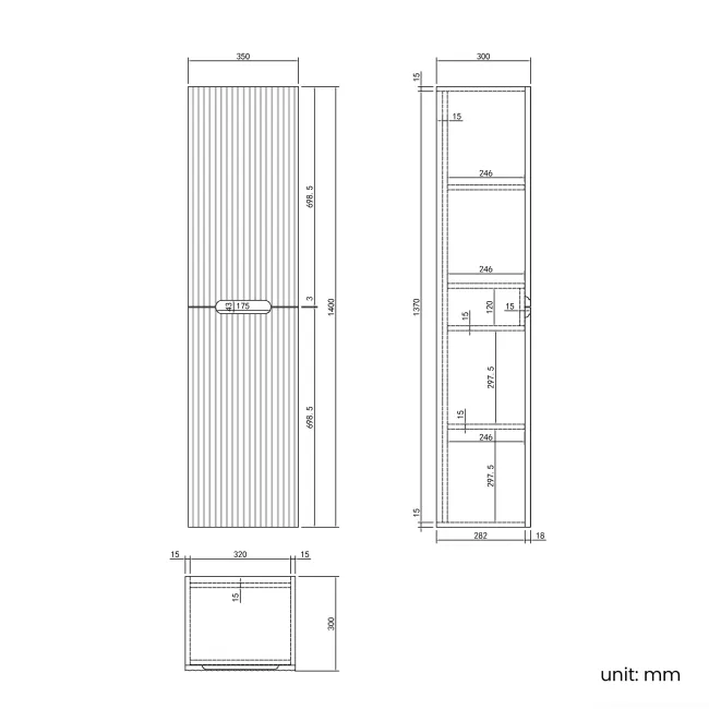 Crete Fluted Charcoal Elm Wall Hung Tall Cabinet 1400x350mm