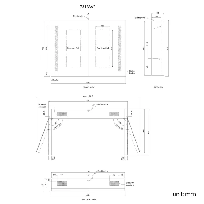 Emielia Illuminated LED Mirror Cabinet With BLUETOOTH Speaker 600x800mm