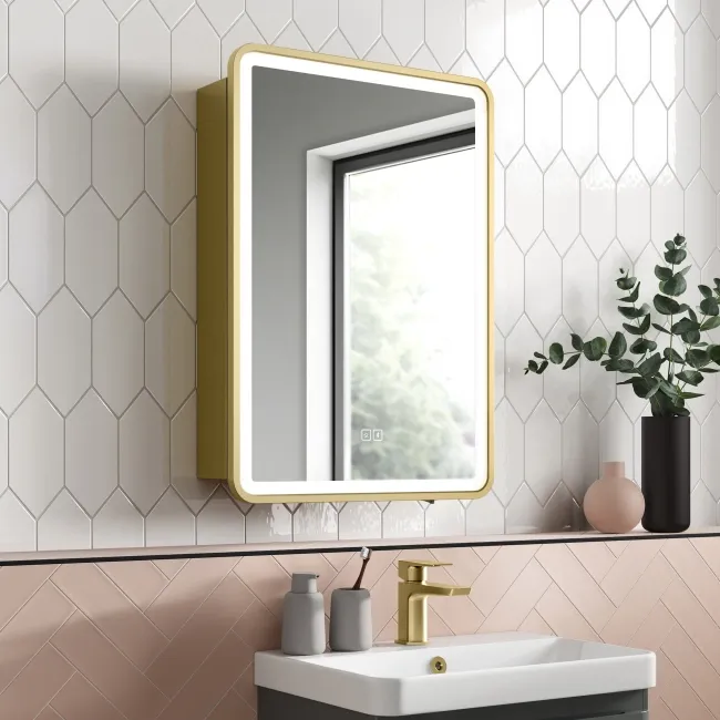 Olivia Matt Brass Illuminated LED Mirror Cabinet With BLUETOOTH Speaker 710x500mm