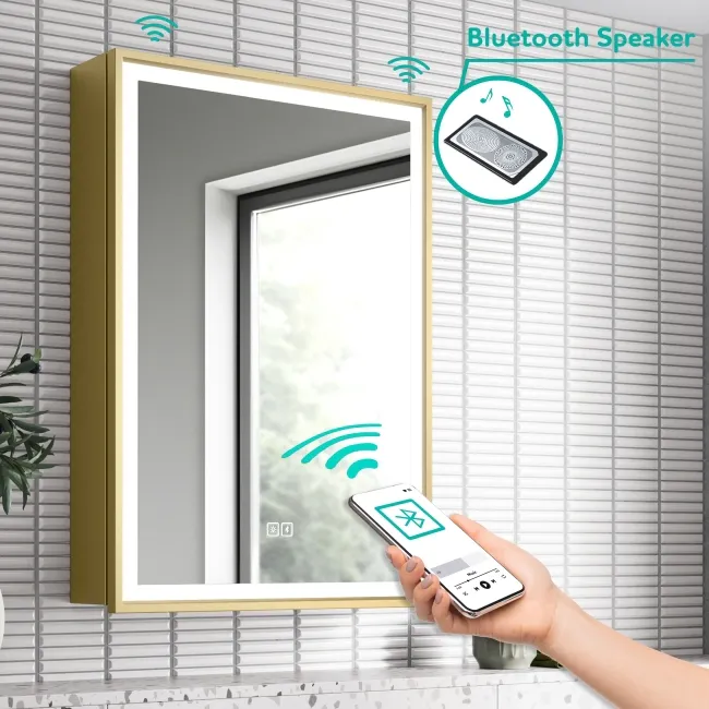 Mia Matt Brass Illuminated LED Mirror Cabinet With BLUETOOTH Speaker 710x500mm