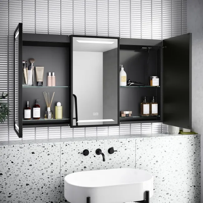 Mia Black Framed Illuminated LED Mirror Cabinet With BLUETOOTH Speaker & USB Port 710x1200mm