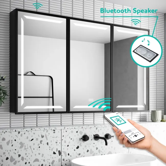 Mia Black Framed Illuminated LED Mirror Cabinet With BLUETOOTH Speaker & USB Port 710x1200mm