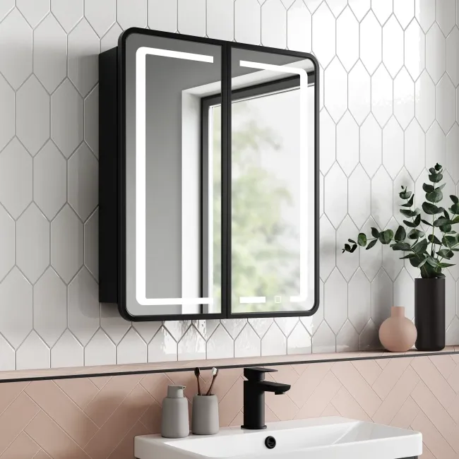 Olivia Black Framed Illuminated LED Mirror Cabinet 710x600mm