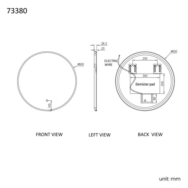 Delilah Black Framed Round Backlit llluminated LED Mirror 600mm