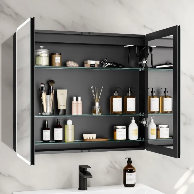 Aurora Matt Black Illuminated LED Mirror Cabinet 700x800mm